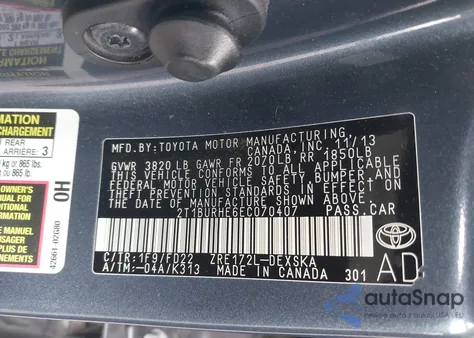 2014 Toyota Corolla S Plus из США, поврежденный, VIN 2T1BURHE6EC070407